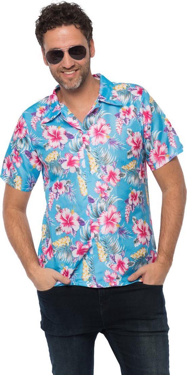 Luxe Hawaii Blouse Heren | Maat 2XL| Blauw| Carnaval | Verkleedkleding | Caribbean| Tropisch |Hawaii Shirt Heren |Overhemd